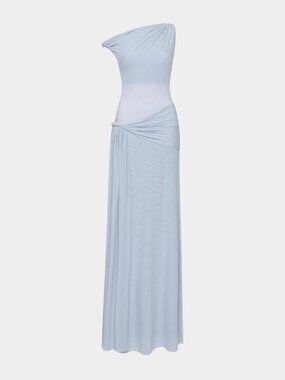 Misha Light Blue One Shoulder Twist Waist Maxi Gown EU 36